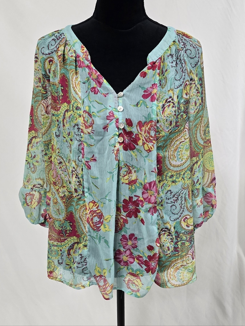 Fig and Flower women M paisley floral henley blouse cottagecore peasant boho - Picture 2 of 7